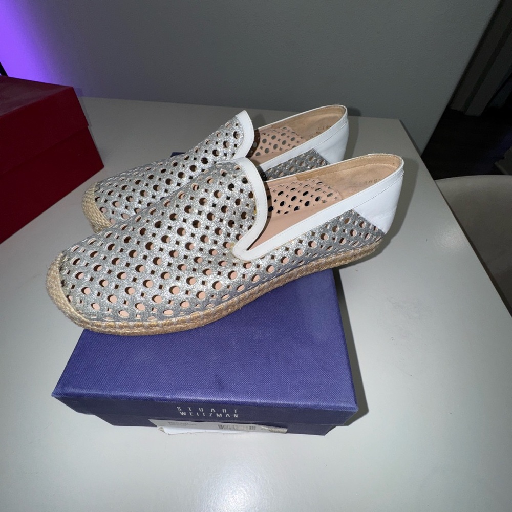 Stuart Weitzman Gray and White Espadrilles